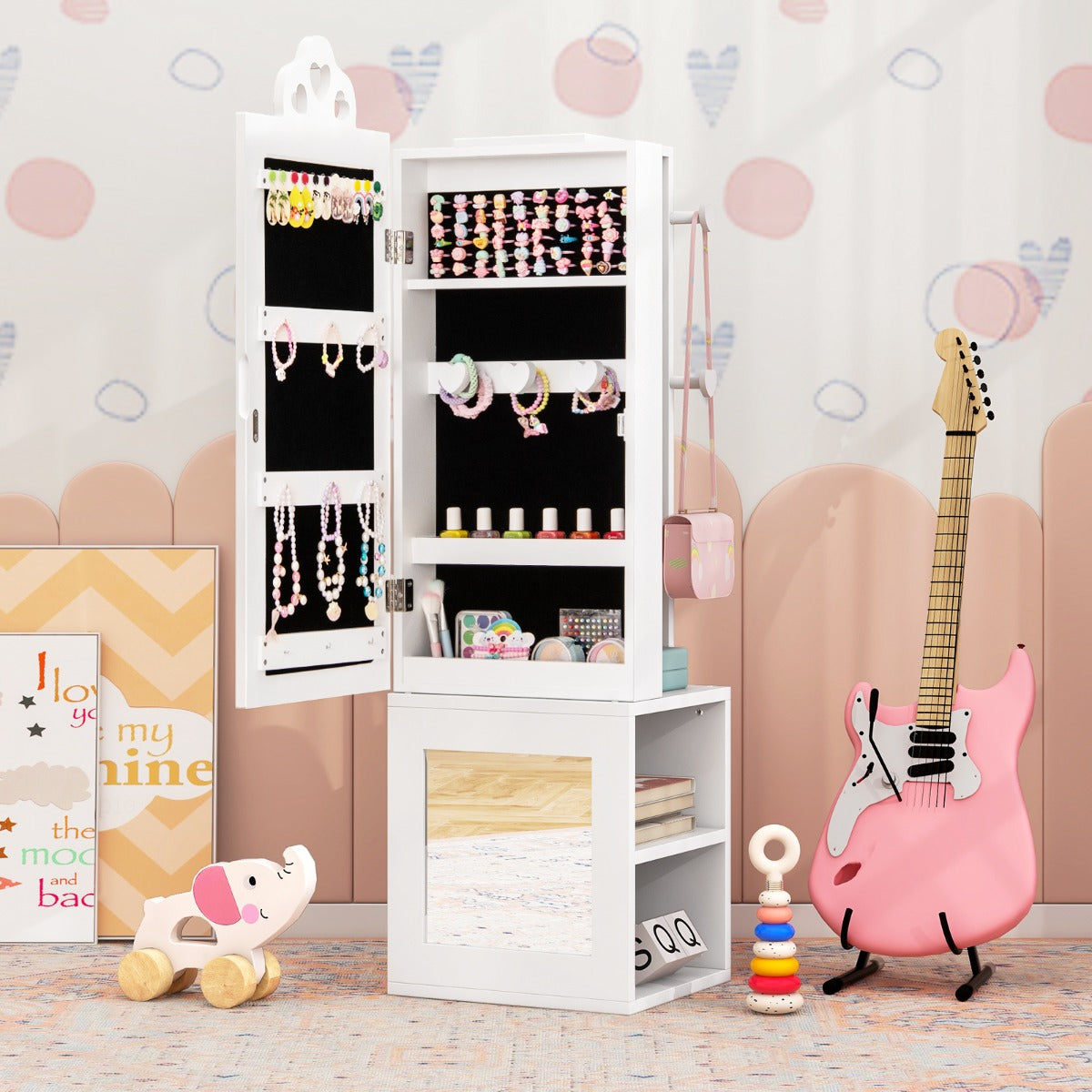 Costway Armoire à Bijoux 3 en 1 avec Miroir Pleine Longueur pour Enfants PortAnt à Vêtements Rangement pour Bijoux avec Crochets Blanc