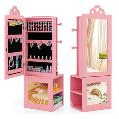 Costway 3 en 1 Armoire à Bijoux Enfants Organisateur de Bijoux avec Miroir Pleine Longueur Anti-Bascule Porte-Vêtements sur Pied Motif Cœur Rose