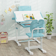 Costway Ensemble de Bureau et Chaise pour Enfant Bureau d'Étude Réglable en Hauteur avec Plateau Inclinable Support de Livre Bleu