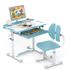 Costway Ensemble de Bureau et Chaise pour Enfant Bureau d'Étude Réglable en Hauteur avec Plateau Inclinable Support de Livre Bleu