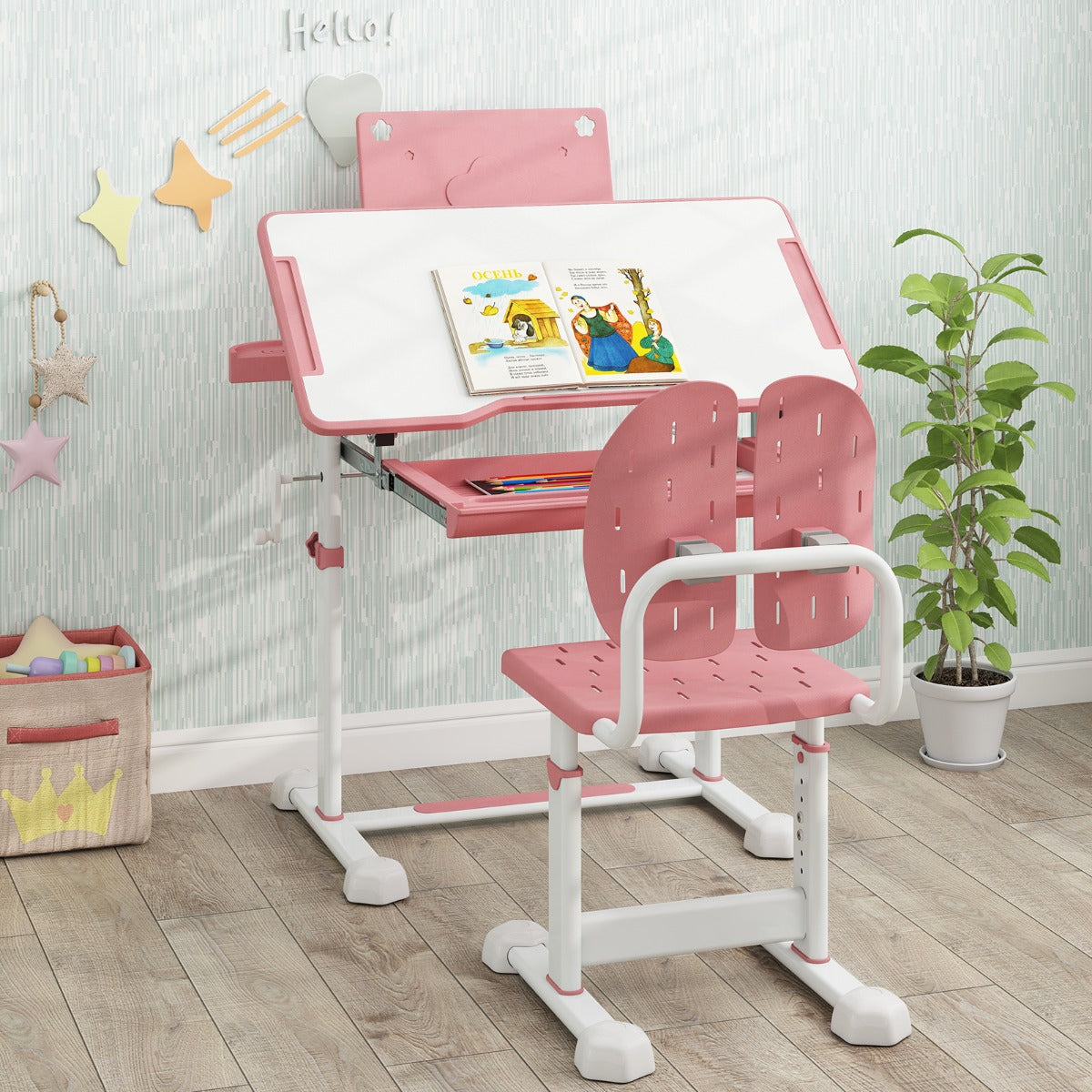 Costway Ensemble de Bureau et Chaise pour Enfant Bureau d'Étude Réglable en Hauteur avec Plateau Inclinable Support de Livre Rose