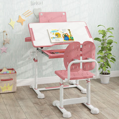 Costway Ensemble de Bureau et Chaise pour Enfant Bureau d'Étude Réglable en Hauteur avec Plateau Inclinable Support de Livre Rose