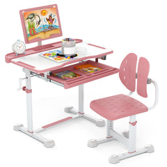 Costway Ensemble de Bureau et Chaise pour Enfant Bureau d'Étude Réglable en Hauteur avec Plateau Inclinable Support de Livre Rose