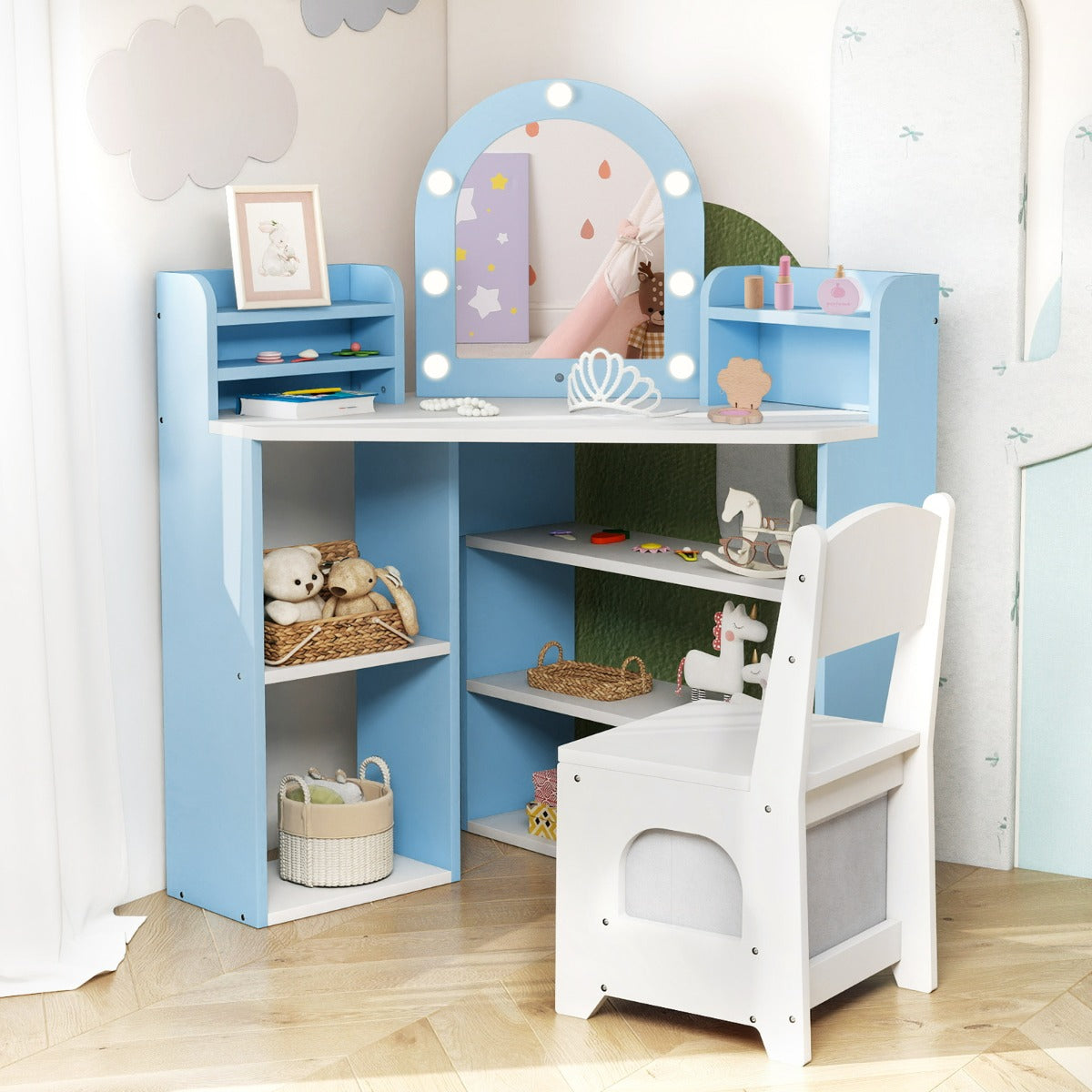 Costway Coiffeuse D’angle pour Enfants avec Lumières Ensemble Table de Maquillage Princesse & Chaise avec 3 Étagères de Rangement pour 3+ Ans Blanc