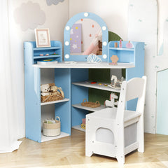 Costway Coiffeuse D’angle pour Enfants avec Lumières Ensemble Table de Maquillage Princesse & Chaise avec 3 Étagères de Rangement pour 3+ Ans Blanc