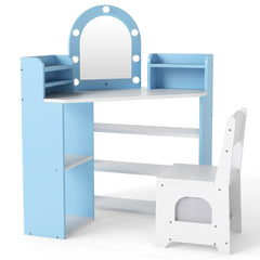 Costway Coiffeuse D’angle pour Enfants avec Lumières Ensemble Table de Maquillage Princesse & Chaise avec 3 Étagères de Rangement pour 3+ Ans Blanc