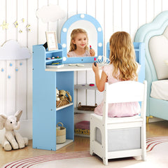 Costway Coiffeuse D’angle pour Enfants avec Lumières Ensemble Table de Maquillage Princesse & Chaise avec 3 Étagères de Rangement pour 3+ Ans Blanc