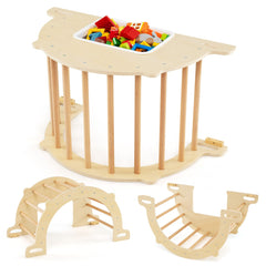 Costway 8 en 1 Arche d'Escalade avec Table Sensorielle pour Enfants Salle de Gym avec Bac de Rangement Pliable pour 3+ Ans 90x50x48cm Naturel