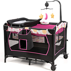 Costway 3 en 1 Lit Parapluie pour Bébé avec Table à Langer pour Bébé 0-36 Mois Hauteur Réglable
