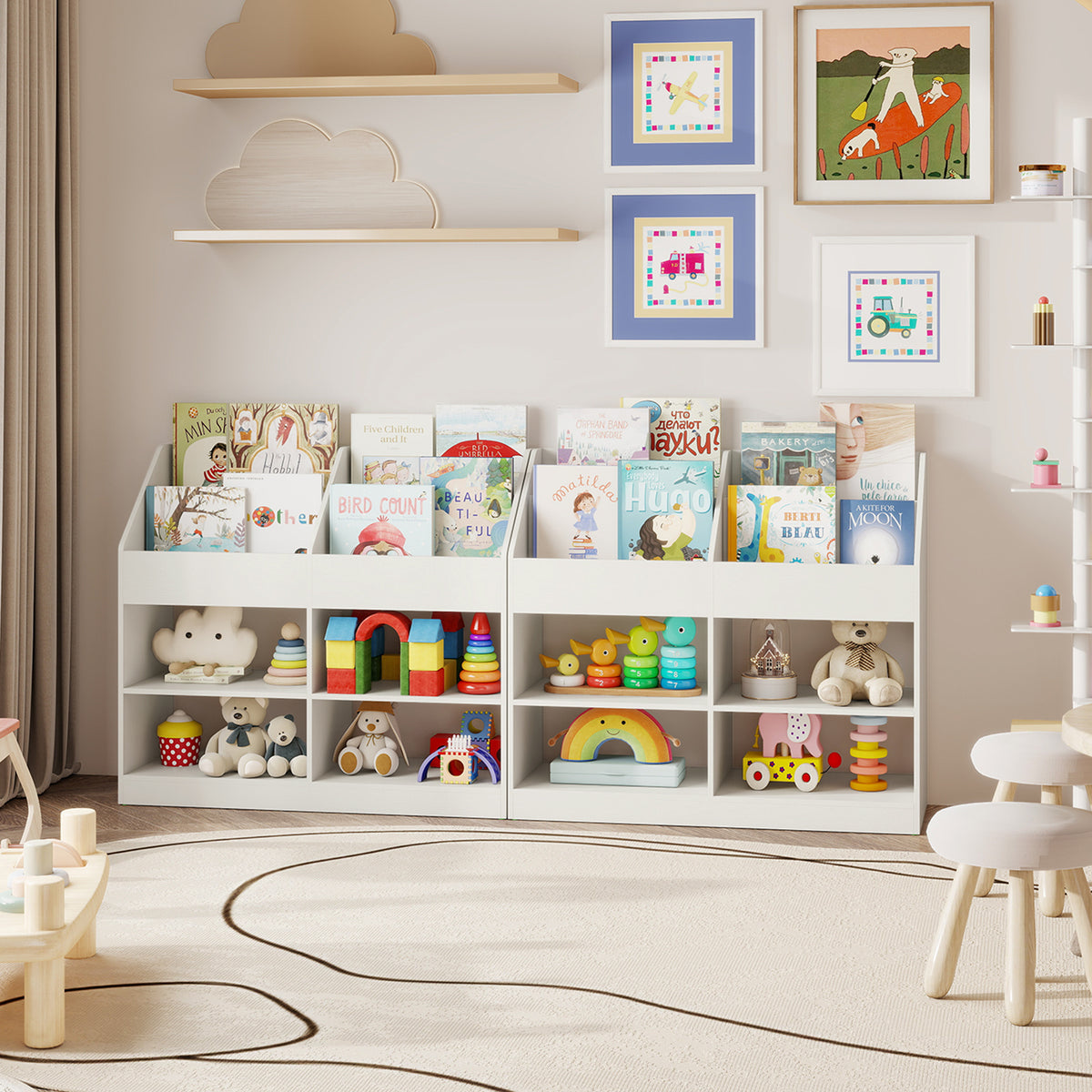 Costway Bibliotheque Enfant 4 Niveaux avec 4 Cubes 4 Compartiments Ouvertes&Anti-Basculement Presentoir Bebe Montessori Charge 60KG Blanc