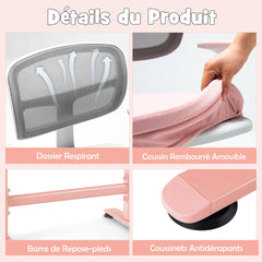 Costway Chaise de Bureau à Roulettes pour Enfants Verrouillage automatique Soutien Lombaire Siège Pivotant Hauteur Réglable 80 - 91,5 CM 3 -10 Ans Rose