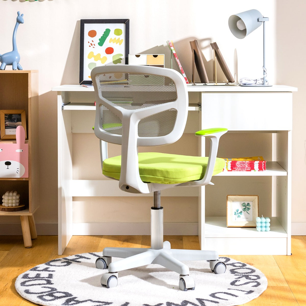 Costway Chaise de Bureau à Roulettes pour Enfants Verrouillage automatique Soutien Lombaire Siège Pivotant Hauteur Réglable 80 - 91,5 CM 3 -10 Ans Vert
