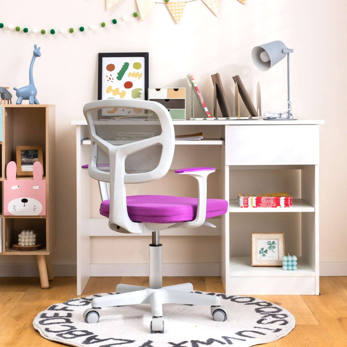 Costway Chaise de Bureau à Roulettes pour Enfants Hauteur Réglable Violet