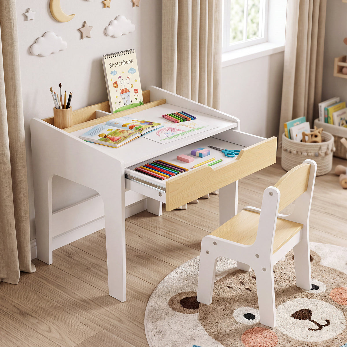 Costway Bureau Enfant avec Chaise 1 Tiroir et 3 Compartiments Table d'Activité Tout-petits avec Espace de Rangement Patins Antidérapants Blanc
