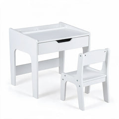 Costway Bureau Enfant avec Chaise 1 Tiroir et 3 Compartiments Table d'Activité Tout-petits avec Espace de Rangement Patins Antidérapants Blanc
