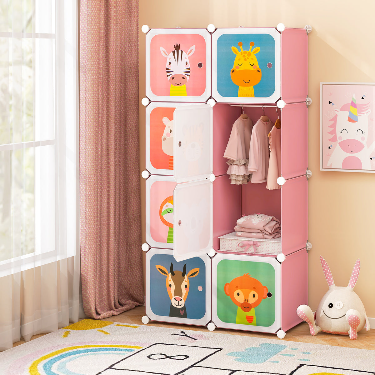 Costway Meuble Rangement Enfants 8 Cubes avec Motif d'Animaux Armoire Modulable Enfants avec Cadre Métallique Charge 10kg Rose