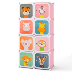 Costway Meuble Rangement Enfants 8 Cubes avec Motif d'Animaux Armoire Modulable Enfants avec Cadre Métallique Charge 10kg Rose