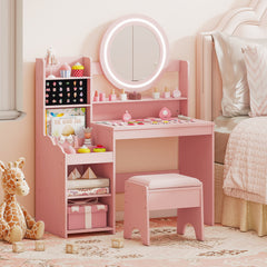 Costway Coiffeuse pour Enfants avec Miroir & Lumières Table de Maquillage de Princesse avec Étagères Ouvertes Emplacements pour Bagues Rose