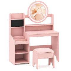 Costway Coiffeuse pour Enfants avec Miroir & Lumières Table de Maquillage de Princesse avec Étagères Ouvertes Emplacements pour Bagues Rose