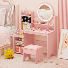Costway Coiffeuse pour Enfants avec Miroir & Lumières Table de Maquillage de Princesse avec Étagères Ouvertes Emplacements pour Bagues Rose