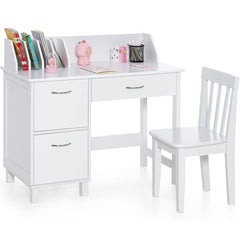 Costway Bureau d'Étude pour Enfants avec Chaise Poste de Travail en Bois avec Séparateurs de Livres Tiroir de Rangement pour 3 Ans+ Blanc