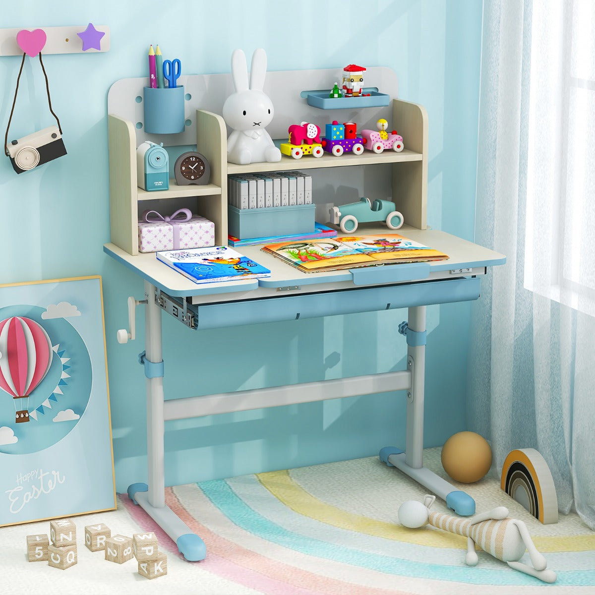 Costway Bureau d'Etude pour Enfants Table d'Ecriture Réglable en Hauteur Plateau Inclinable Bureau Enfants pour 3-12 Ans Bleu
