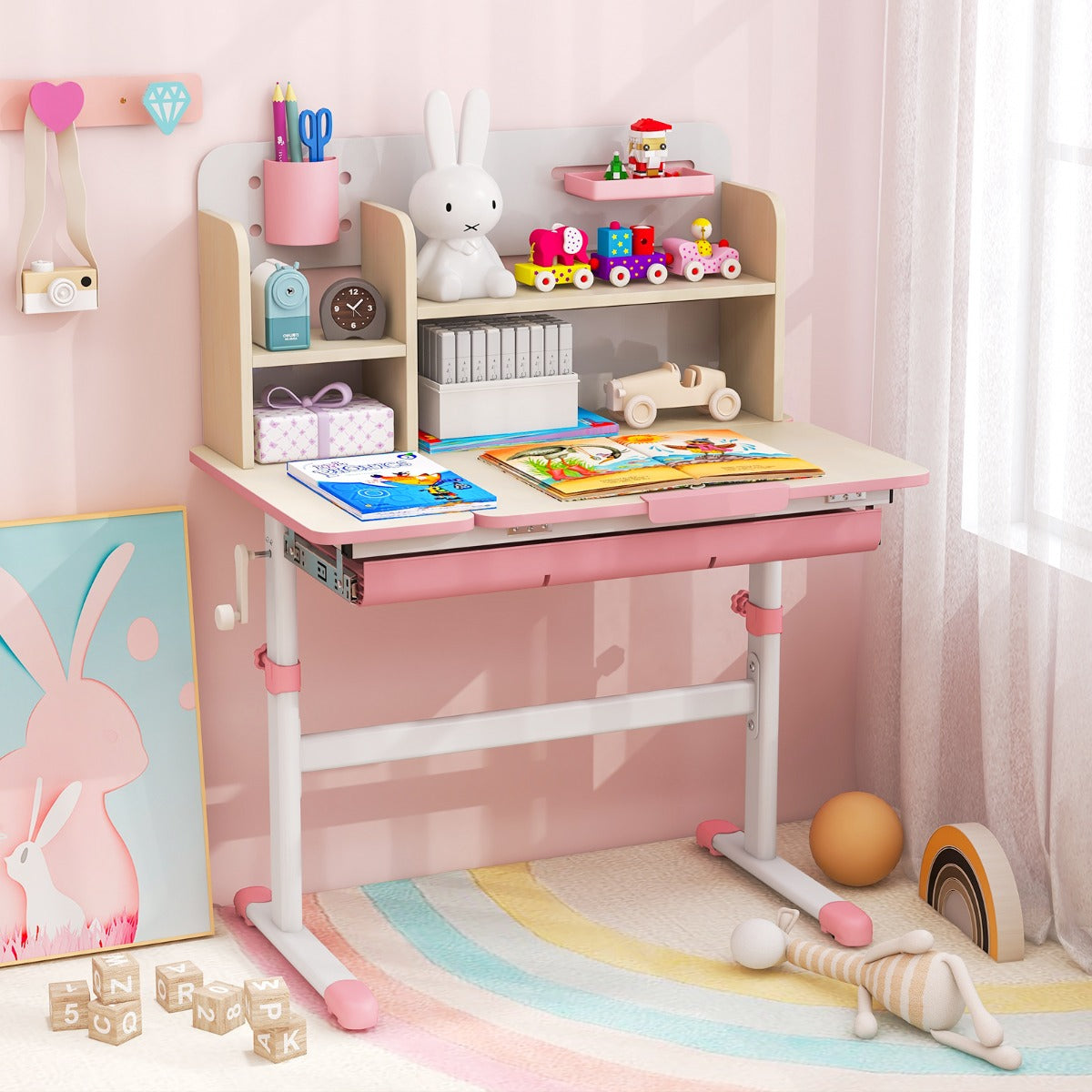 Costway Bureau d'Etude pour Enfants Table d'Ecriture Réglable en Hauteur Plateau Inclinable Bureau Enfants pour 3-12 Ans Rose