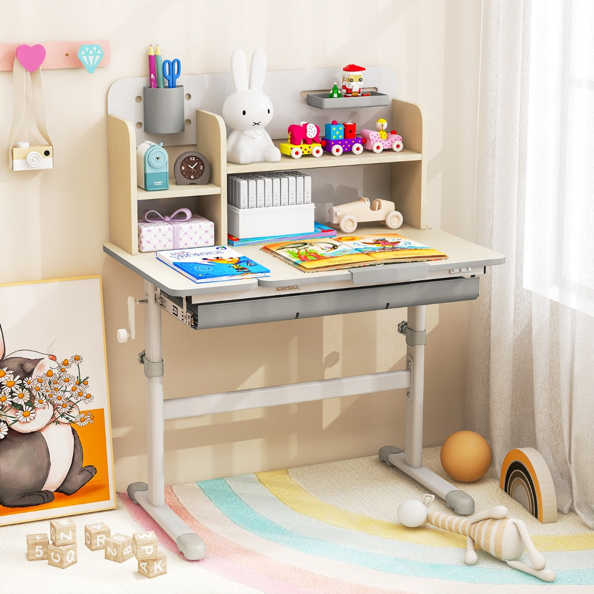 Costway Bureau d'Etude pour Enfants Table d'Ecriture Réglable en Hauteur Plateau Inclinable Bureau Enfants pour 3-12 Ans Gris