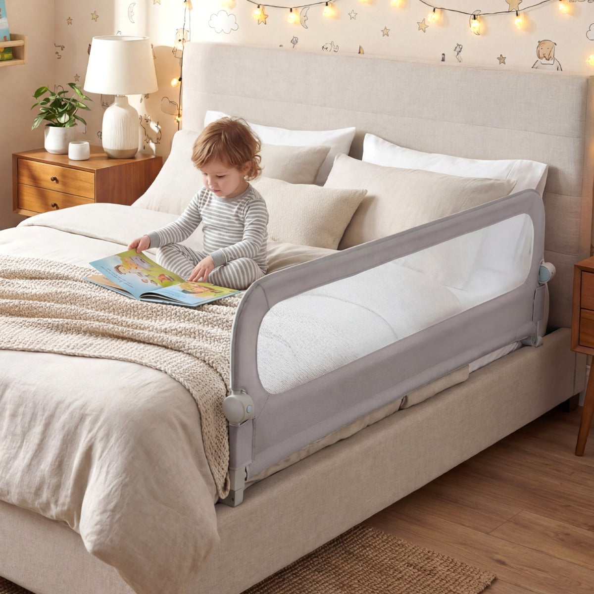 Costway Barrière de Lit Pliable pour Tout-Petits Barrière de Lit Bébé Ajustable de 178 CM avec Housse Amovible en Tissu Oxford Gris