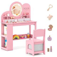 Costway Coiffeuse Princesse pour Enfants avec Lumières avec 2 Tiroirs Bibliothèque à 2 Niveaux 3 Crochets et 2 Étagères Ouvertes pour 3+ Ans Rose