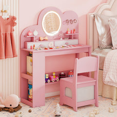 Costway Coiffeuse Princesse pour Enfants avec Lumières avec 2 Tiroirs Bibliothèque à 2 Niveaux 3 Crochets et 2 Étagères Ouvertes pour 3+ Ans Rose