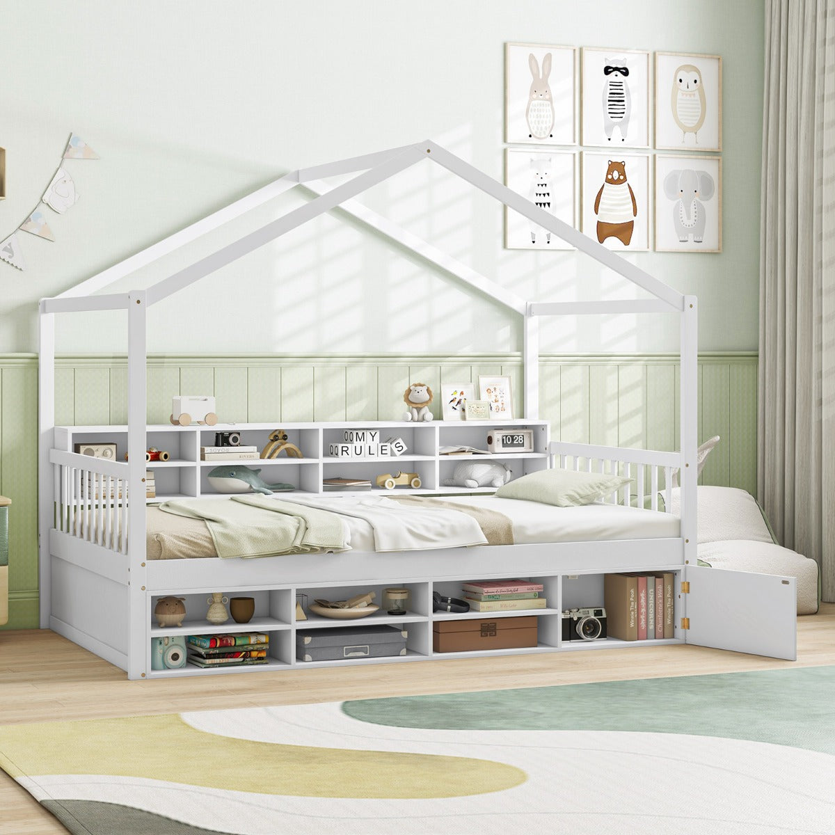 Costway Lit Double pour Enfants avec Toit en Forme de Maison Cadre de Lit Plateforme En Bois 14 Cubes de Rangement Blanc