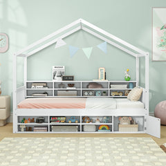 Costway Lit Double pour Enfants avec Toit en Forme de Maison Cadre de Lit Plateforme En Bois 14 Cubes de Rangement Blanc