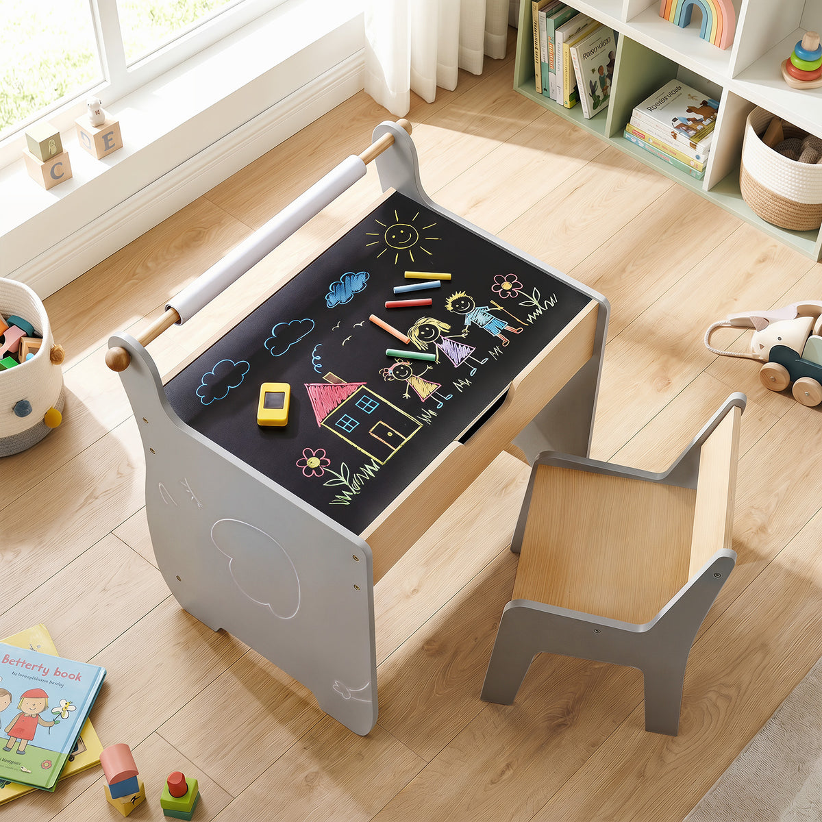 Costway Table et Chaise pour Enfants Bureau d'Activités en Bois pour Tout-petits Plateau Amovible 2 en 1 Rangement Porte-rouleau de Papier Gris