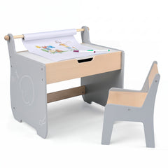 Costway Table et Chaise pour Enfants Bureau d'Activités en Bois pour Tout-petits Plateau Amovible 2 en 1 Rangement Porte-rouleau de Papier Gris