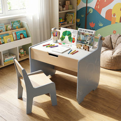 Costway Table et Chaise pour Enfants Bureau d'Activités en Bois pour Tout-petits Plateau Amovible 2 en 1 Rangement Porte-rouleau de Papier Gris