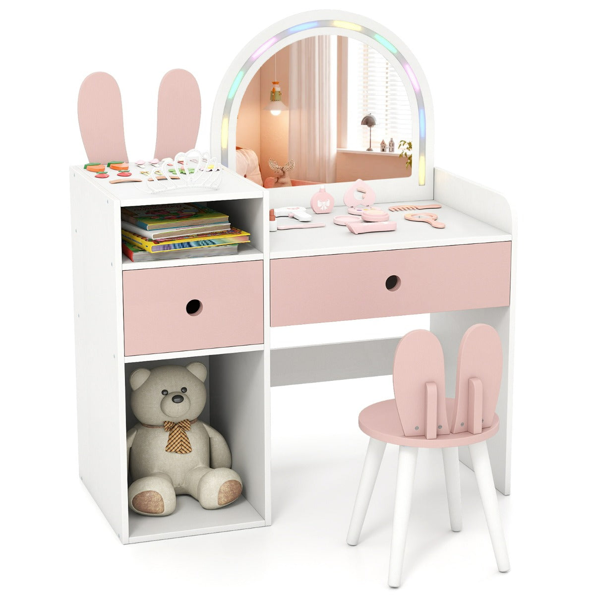 Costway Coiffeuse pour Enfants avec Lumières Table de Maquillage Princesse Lapin avec Miroir Lumineux Étagères Ouvertes & Tiroirs de Rangement Blanc