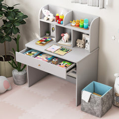 Costway Bureau d'Etude en Bois pour Enfants Petit Bureau avec Clapier et 1 Tiroir Etagère de Rangement Bureau pour Etudiants avec Rangement Gris