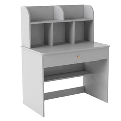 Costway Bureau d'Etude en Bois pour Enfants Petit Bureau avec Clapier et 1 Tiroir Etagère de Rangement Bureau pour Etudiants avec Rangement Gris