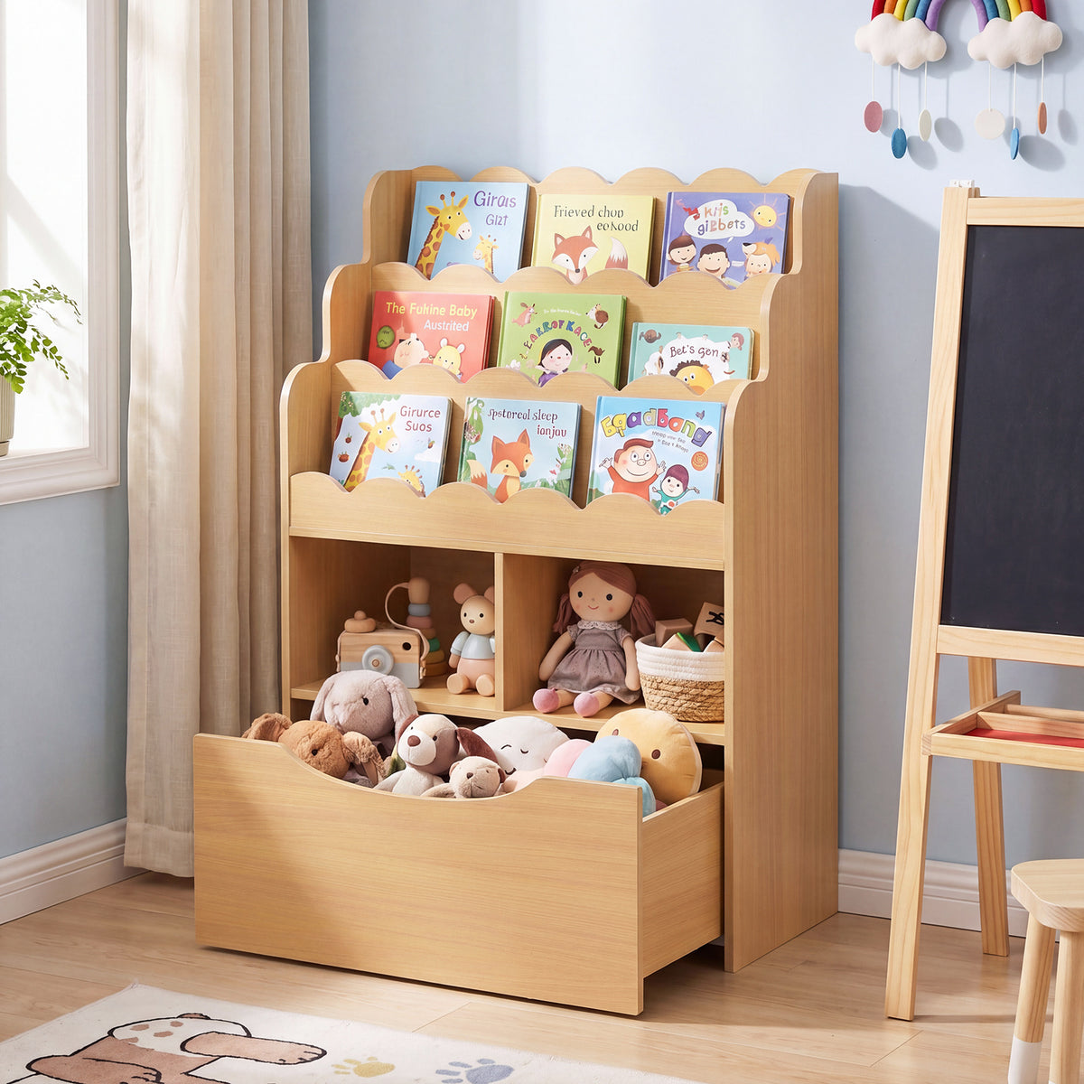 Costway Bibliotheque Enfant à 5 Niveaux avec Tiroir sur Roulettes Etagere Livre Enfant avec 2 Compartiments Ouverts 60 x 30 x 91 cm Naturel