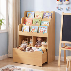 Costway Bibliotheque Enfant à 5 Niveaux avec Tiroir sur Roulettes Etagere Livre Enfant avec 2 Compartiments Ouverts 60 x 30 x 91 cm Naturel