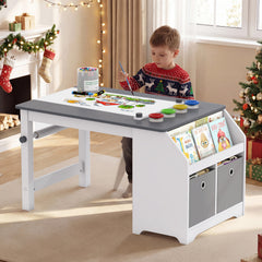 Costway Table Enfant avec Tabouret Bureau d’Activités en Bois Étagère & Bacs en Tissu Rouleau de Papier & Gobelets à Peinture pour 3+ Ans Gris