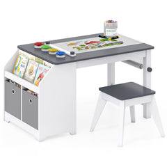 Costway Table Enfant avec Tabouret Bureau d’Activités en Bois Étagère & Bacs en Tissu Rouleau de Papier & Gobelets à Peinture pour 3+ Ans Gris
