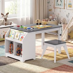 Costway Table Enfant avec Tabouret Bureau d’Activités en Bois Étagère & Bacs en Tissu Rouleau de Papier & Gobelets à Peinture pour 3+ Ans Gris