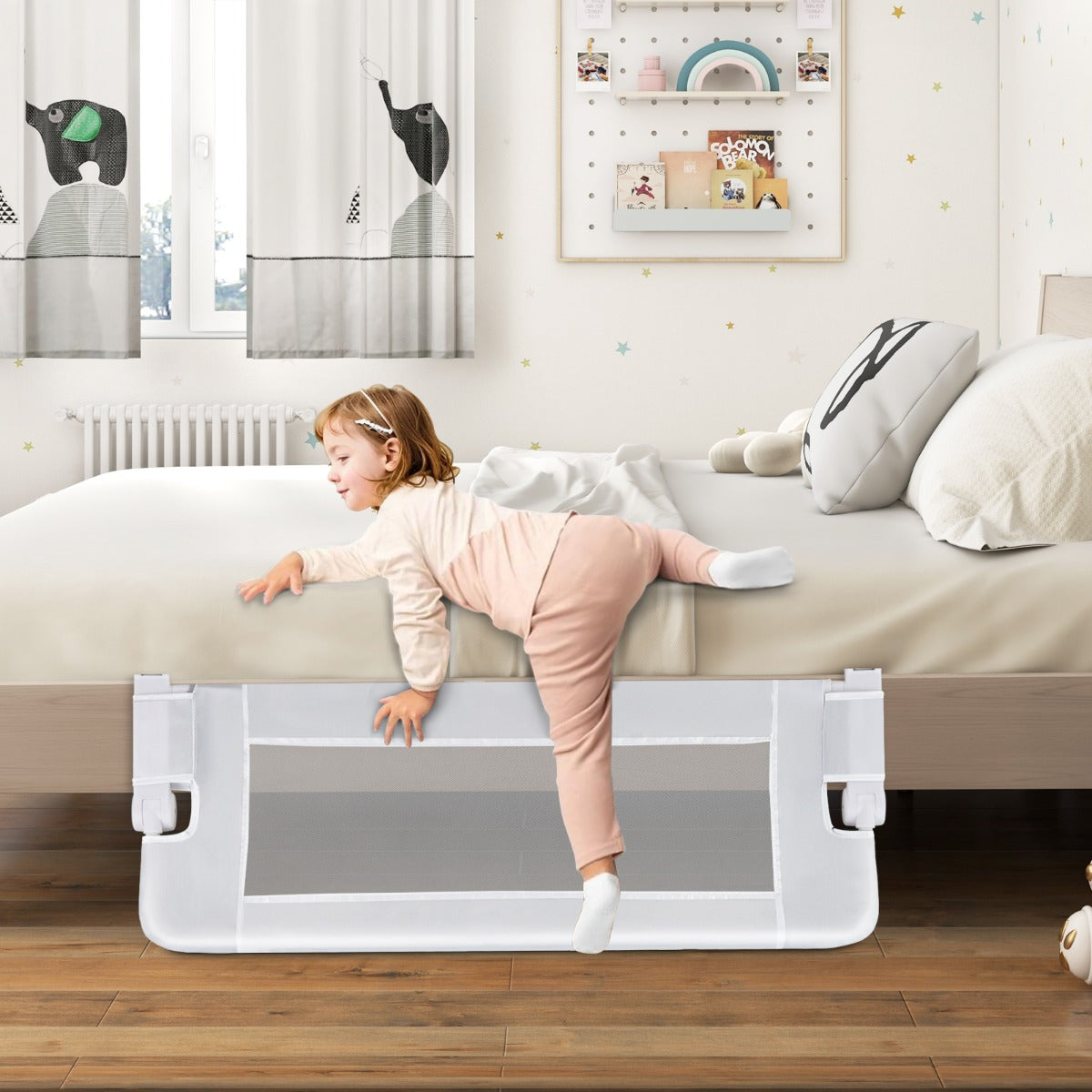 Costway Barrière de Lit Pliable avec Housse en Tissu Oxford Détachable pour Lit de Bébé Lit Simple Double Queen et King Size Blanc