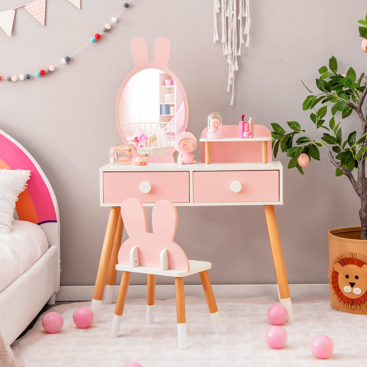 Costway Coiffeuse Enfant avec Chaise et Miroir en Forme Lapin Table de Maquillage 2 Tiroirs et Étagère en Bois Rose