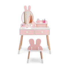 Costway Coiffeuse Enfant avec Chaise et Miroir en Forme Lapin Table de Maquillage 2 Tiroirs et Étagère en Bois Rose