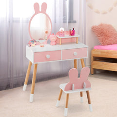 Costway Coiffeuse Enfant avec Chaise et Miroir en Forme Lapin Table de Maquillage 2 Tiroirs et Étagère en Bois Rose