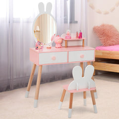 Costway Coiffeuse Enfant avec Chaise et Miroir en Forme Lapin Table de Maquillage 2 Tiroirs et Étagère en Bois Blanc