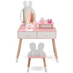 Costway Coiffeuse Enfant avec Chaise et Miroir en Forme Lapin Table de Maquillage 2 Tiroirs et Étagère en Bois Blanc